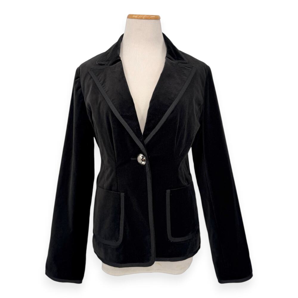 Perfect by Carson Kressley Velvet Blazer Grosgrain Trim Jewel Button Black XS